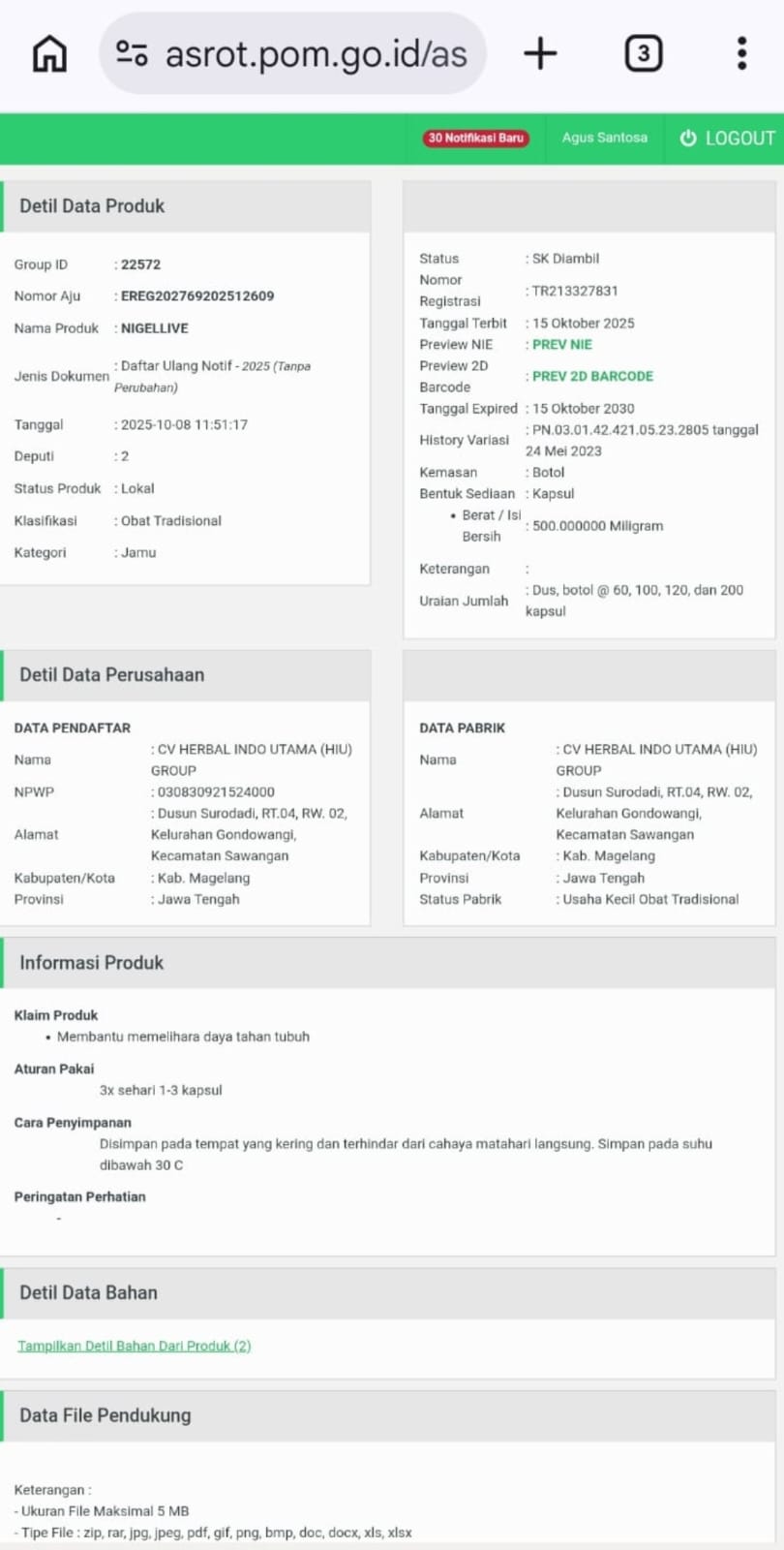 Bukti Tangkap Layar Sertifikat Legalitas Resmi BPOM Nigellive